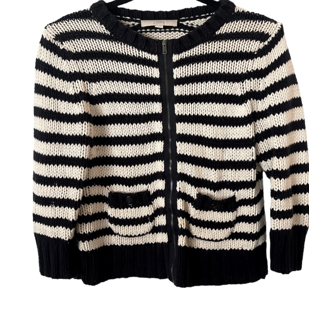 Loft Chunky‎ Full Zip Black and White Striped Cardigan S